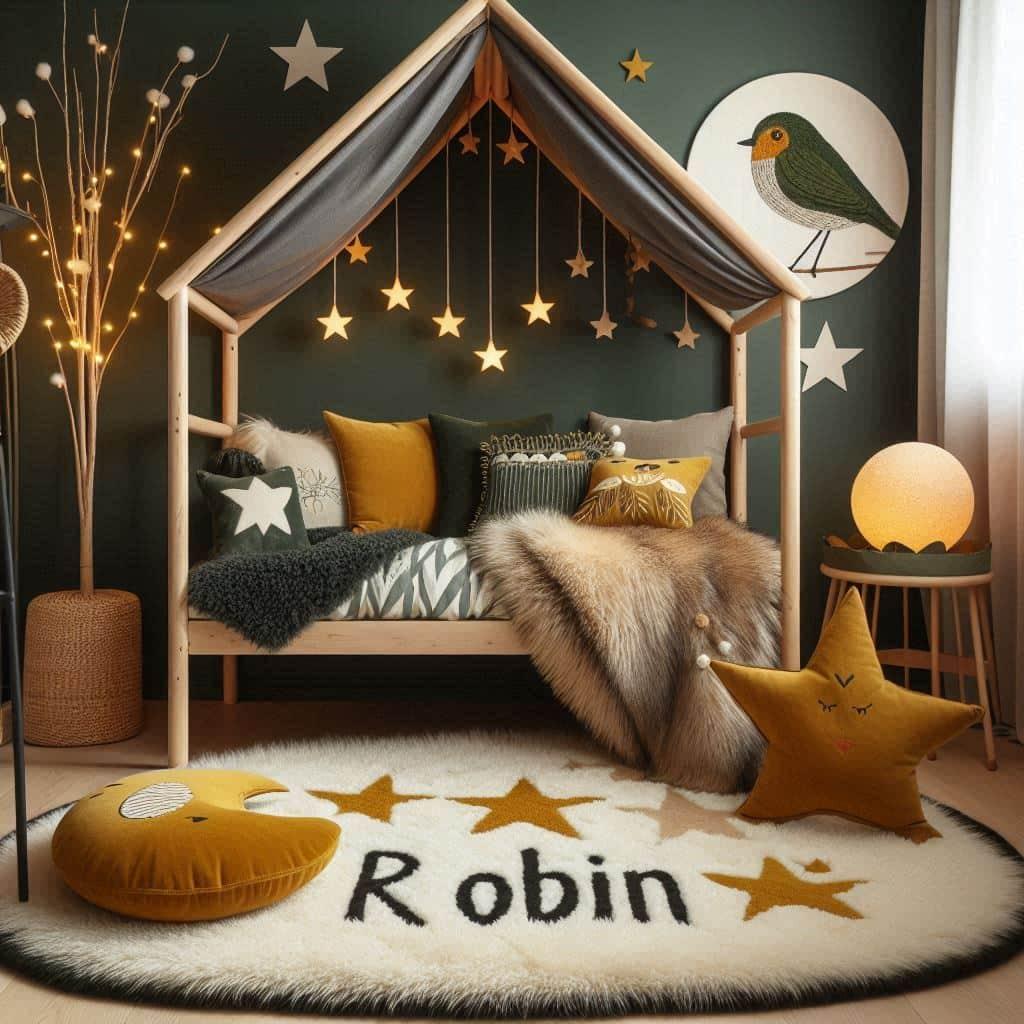 La chambre de robin style scandinave lit cabane couleurs vert fonce et moutarde