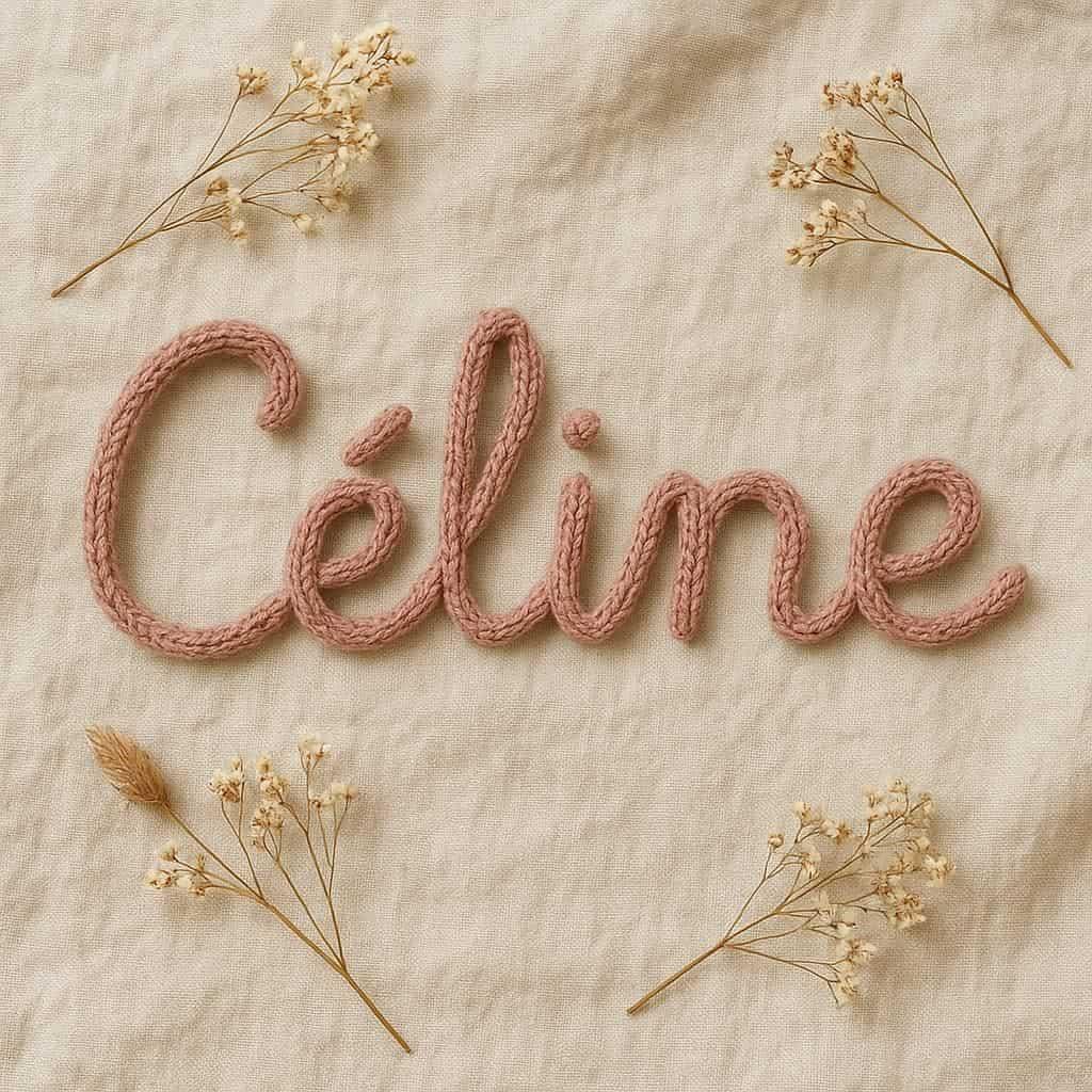 Le prénom Céline réalisé en tricotin couleur vieux rose