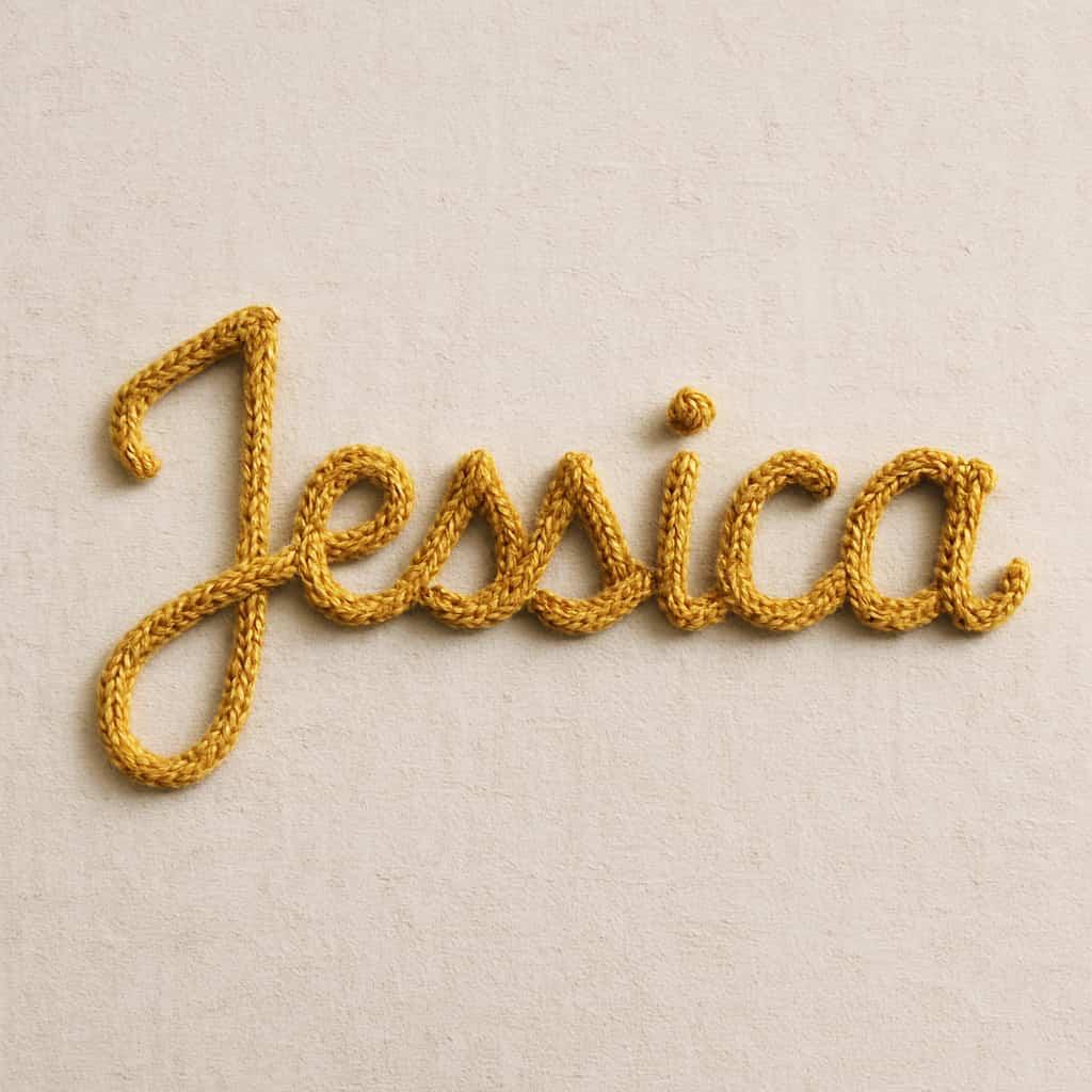 Le prénom jessica écrit en tricotin couleur moutarde
