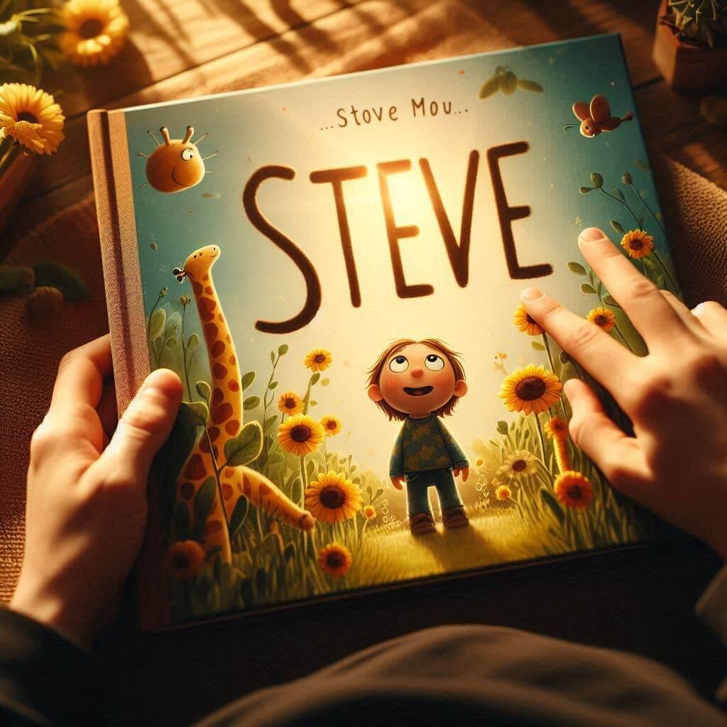 Le prenom steve ecrit sur un livre de conte pour enfant