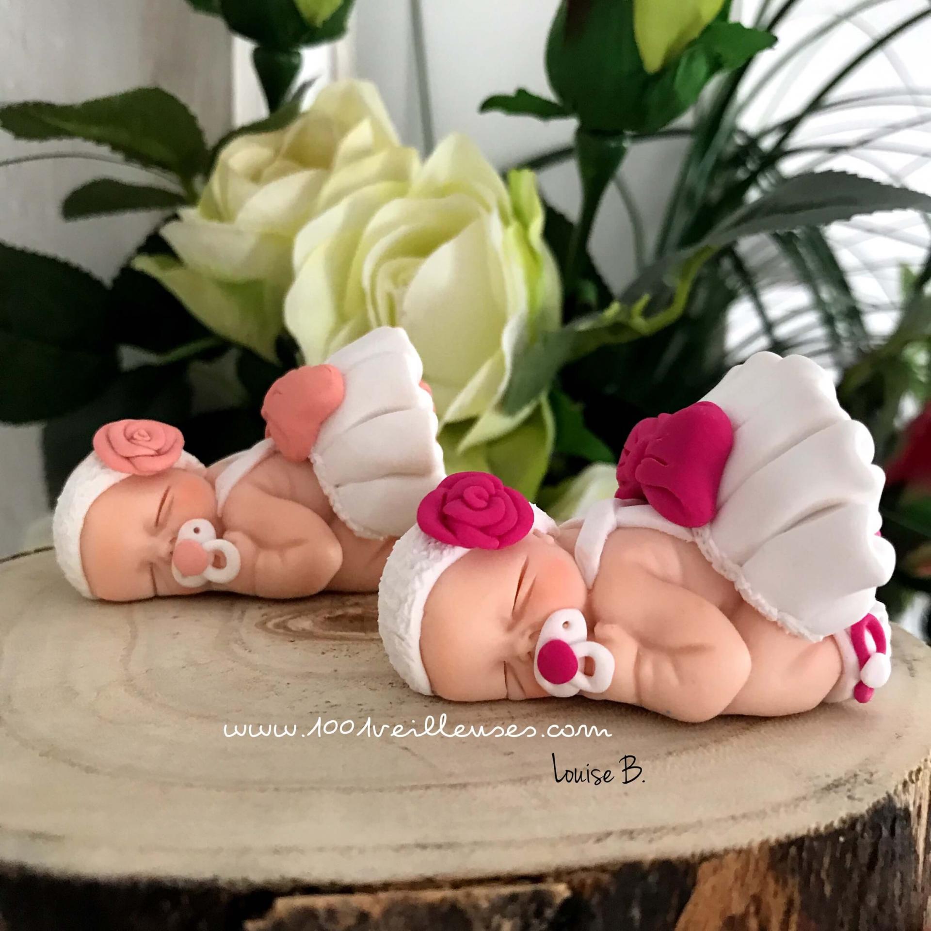 Magnifique creation artisanale bebe fille fimo rose et rose fushia