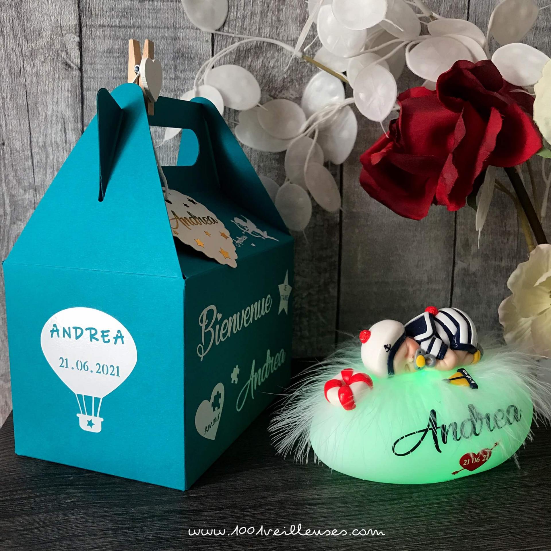 Gift set for newborn - boy's night light, marine theme - gift box - handmade