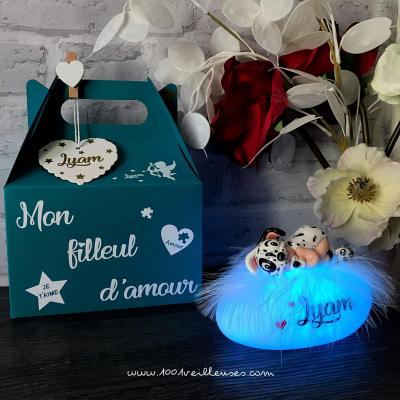 coffret naissance rare et personnalisé - veilleuse chien dalmatien doudou - souvenir unique