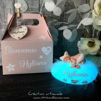 Merveilleuse boite cadeau avec sa veilleuse bébé chat personnalisé avec le prénom de l'enfant et d'illustrations poétiques, vue générale