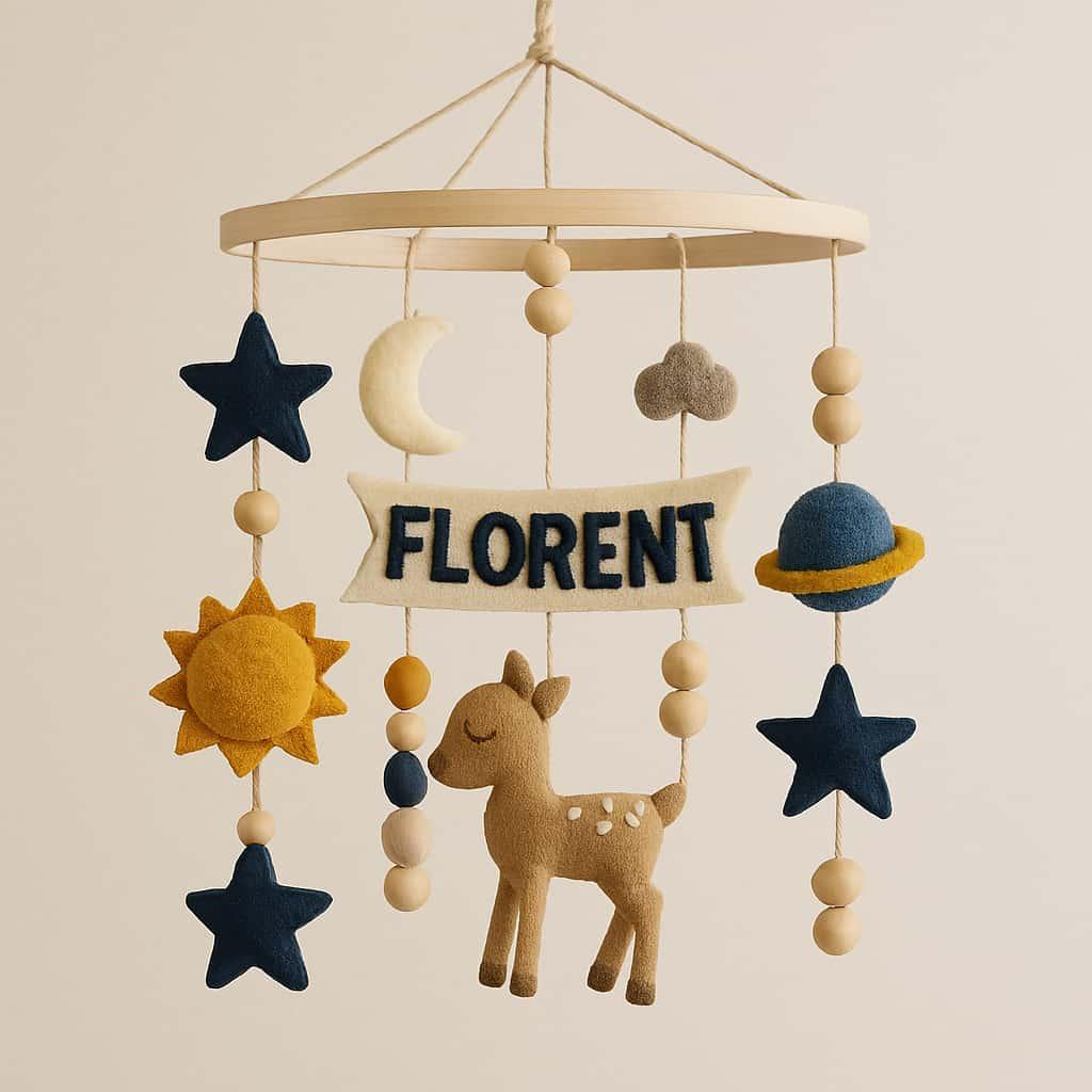 Mobile bébé personnalisé avec le prénom Florent thème astronomie