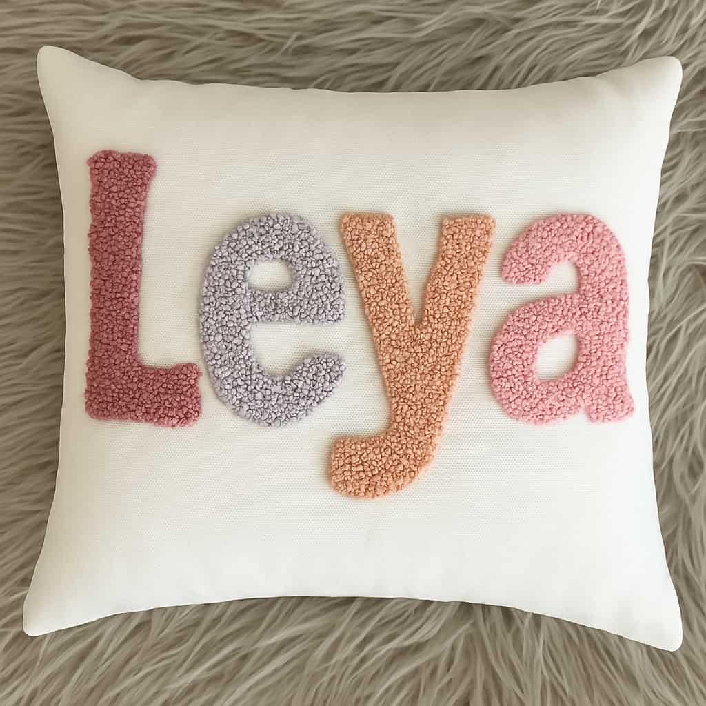 Oreiller avec les lettres Leya en relief de toutes les couleurs coussin artisanal