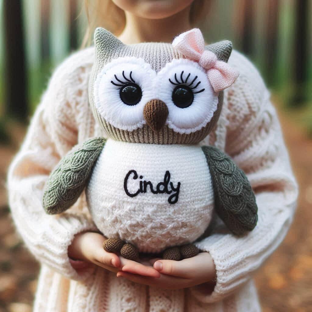 Peluche chouette en tricotin avec le prenom cindy