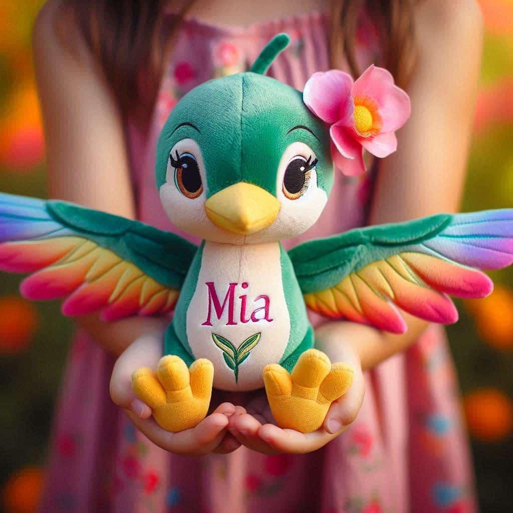 Peluche colibri avec le prenom mia dans les mains d une petite fille