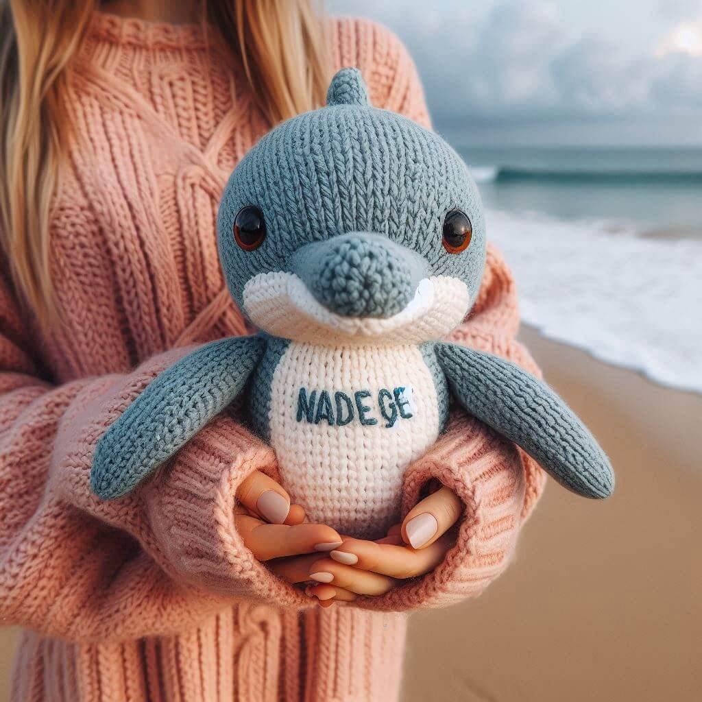 Peluche dauphin en tricotin avec le prenom nadege