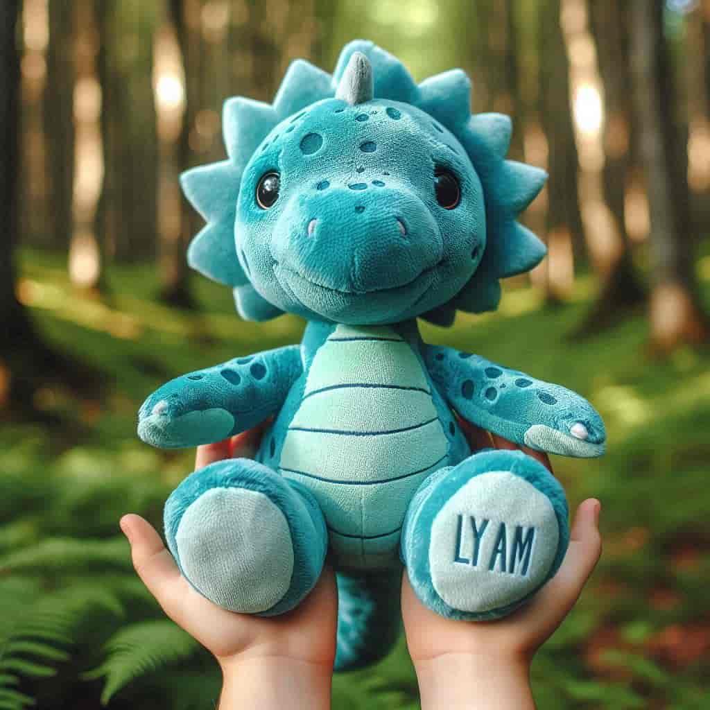 Peluche dinosaure bleue personnalisee avec le prenom lyam 1