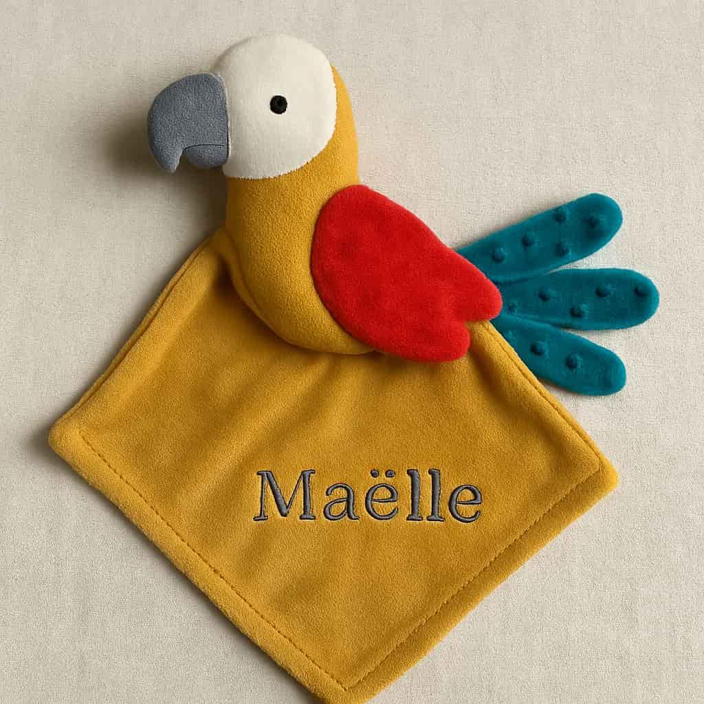 Peluche doudou perroquet personnalisé avec le prénom Maëlle