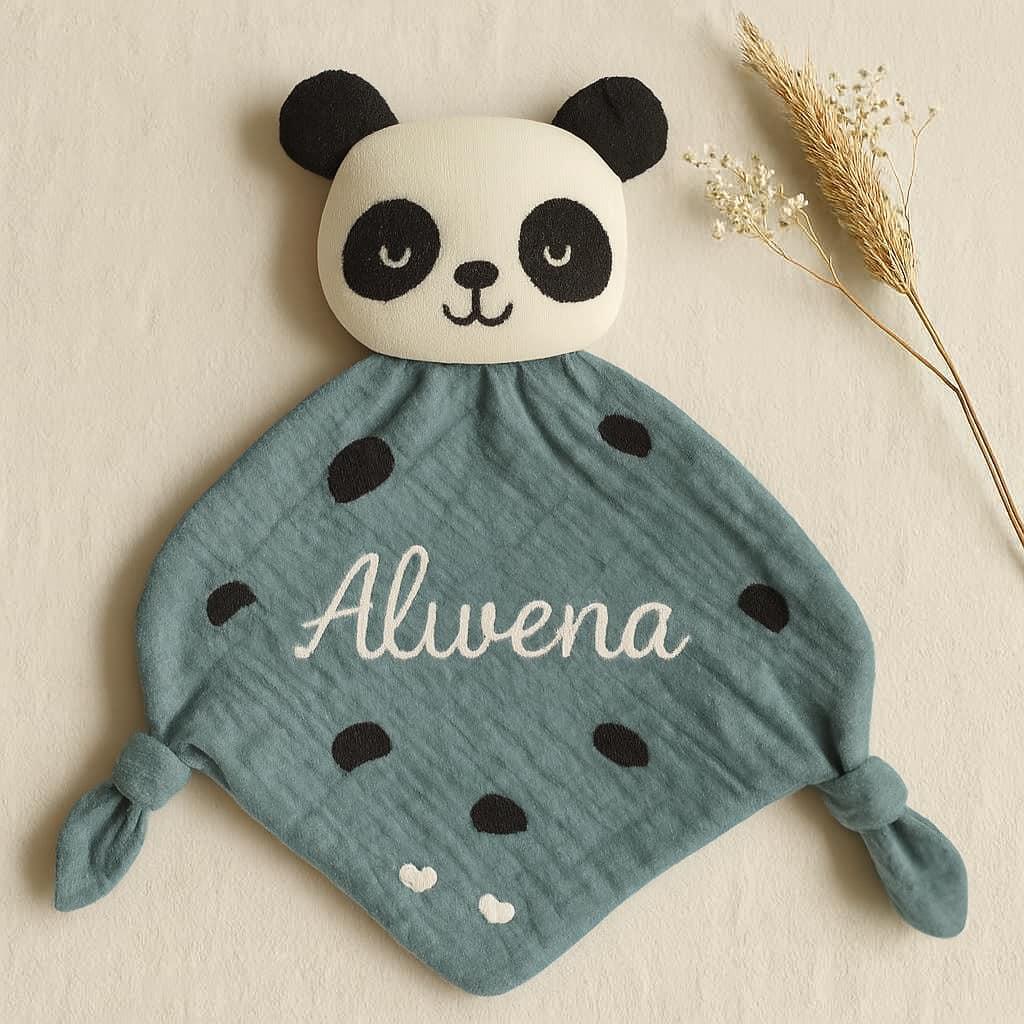 Peluche doudou panda personnalisé avec le prénom Alwena en bleu gris