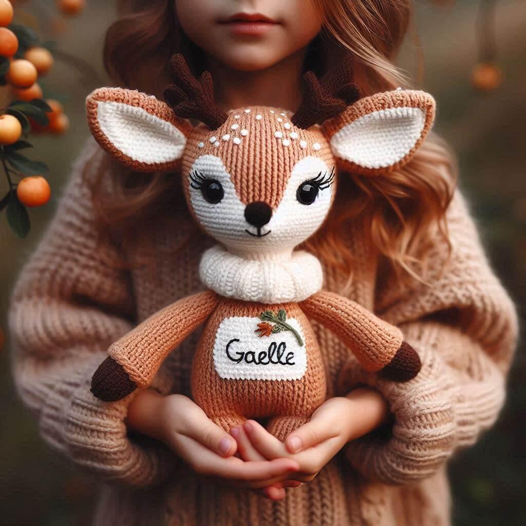 Peluche faon au crochet personnalise avec le prenom gaelle