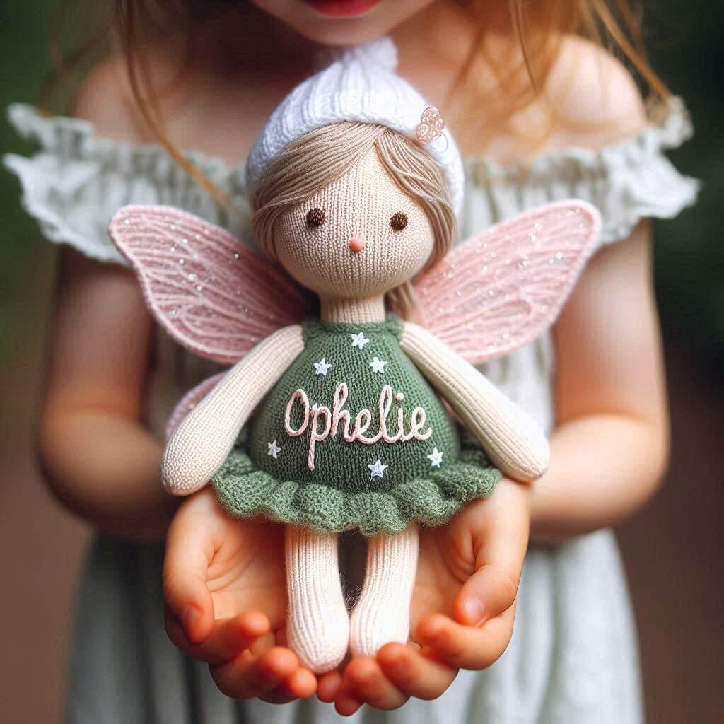 Peluche fee au crochet avec le prenom ophelie