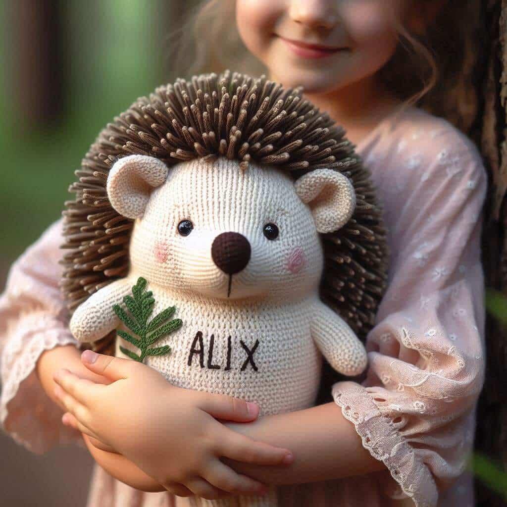 Peluche herisson au crochet personnalise avec le prenom alix dans les bras d une petite fille