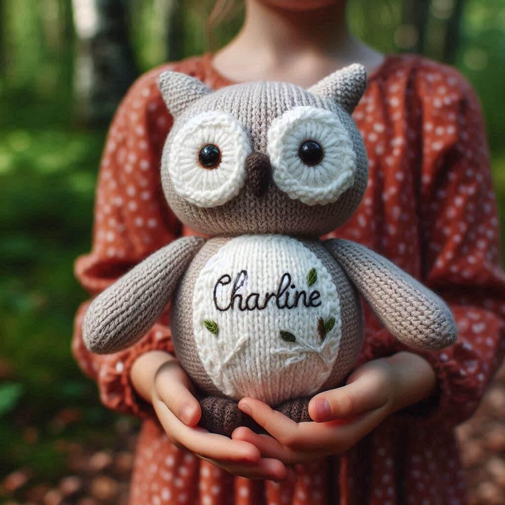 Peluche hibou en tricotin avec le prenom charline brode