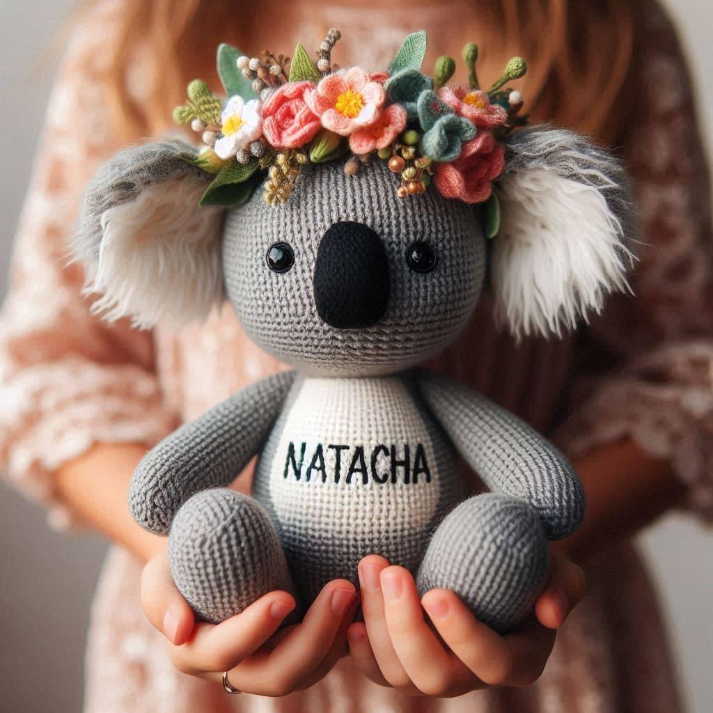 Peluche koala au crochet personnalisee avec le prenom natacha