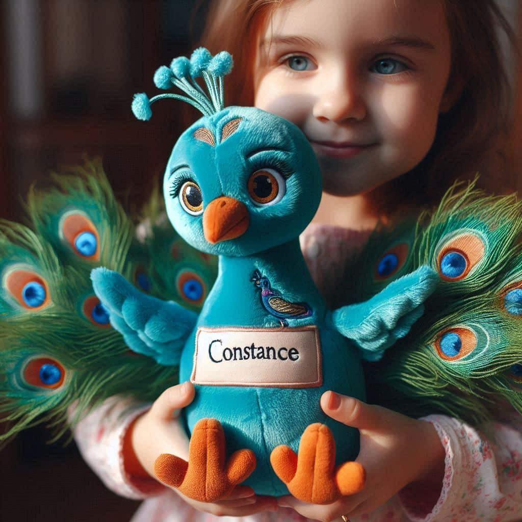 Peluche paon personnalisee avec le prenom constance