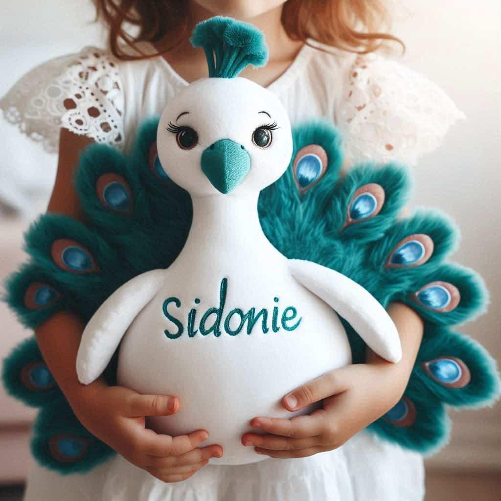 Peluche paon personnalisee avec le prenom sidonie