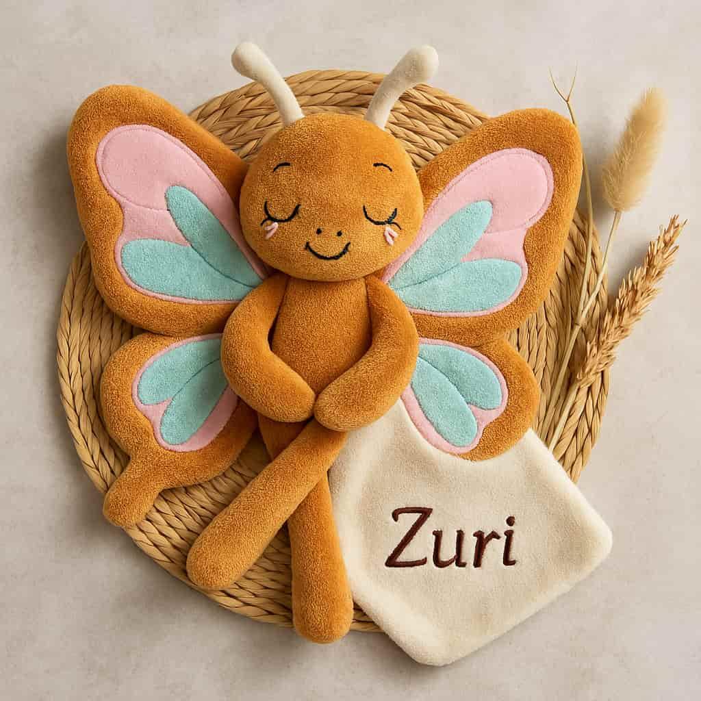 Peluche papillon personnalisée avec le prénom Zuri, cadeau de naissance tout doux et original