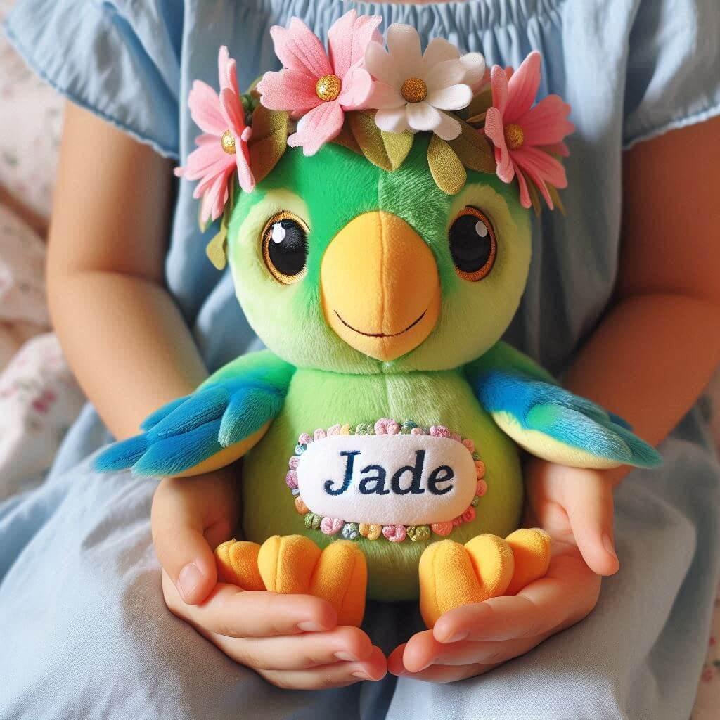 Peluche perroquet emouvant avec une couronne de fleurs personnalise avec le prenom jade ecrit en francais dans les mains dun enfant 1