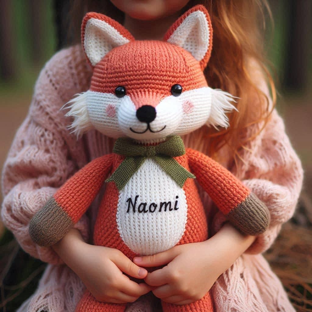 Peluche renard au crochet personnalise avec le prenom naomi