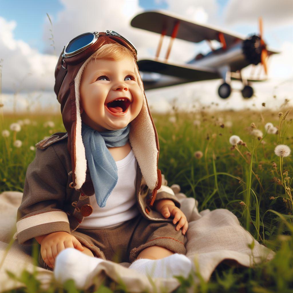 Petit bébé habillé en aviateur assis dans l'herbe avec un avion dans le ciel