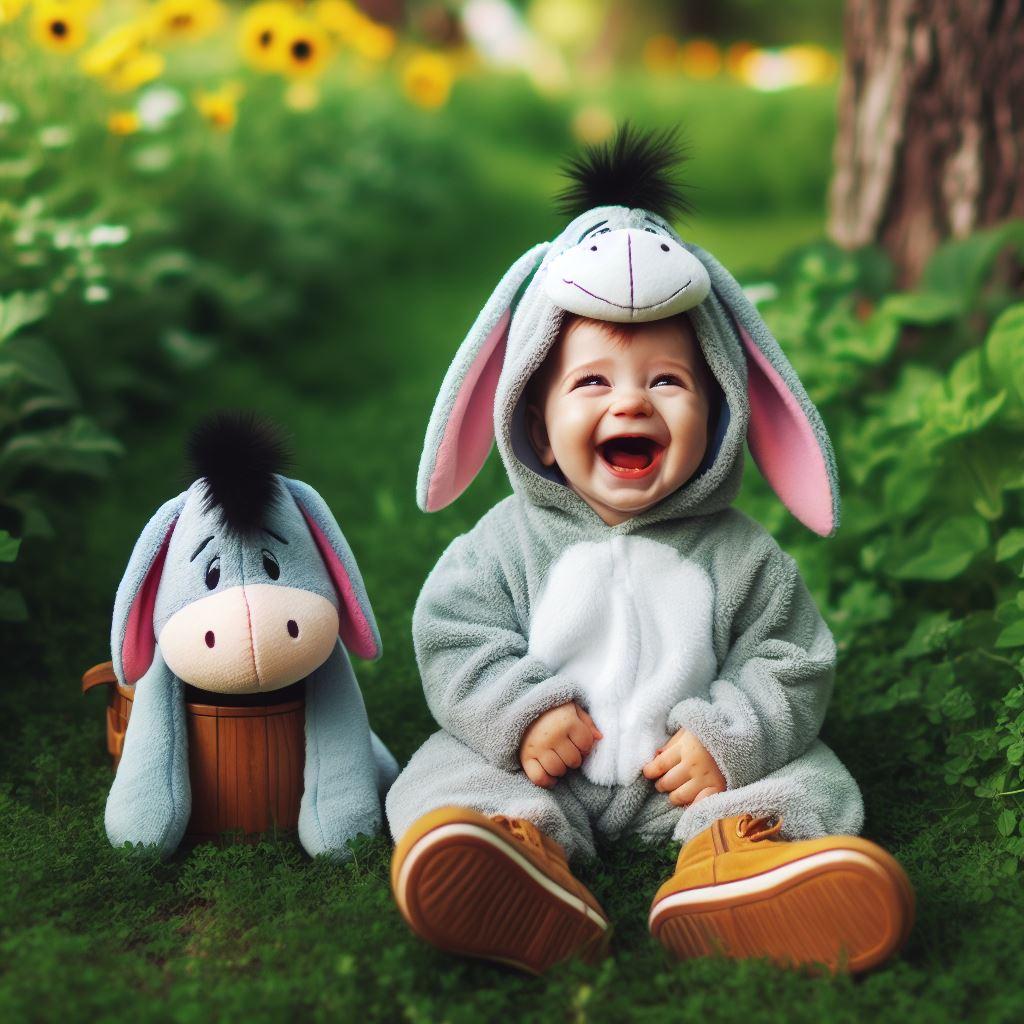Petit bébé habillé en bourriquet, il éclate de rire, assis dans l'herbe avec son doudou bourriquet