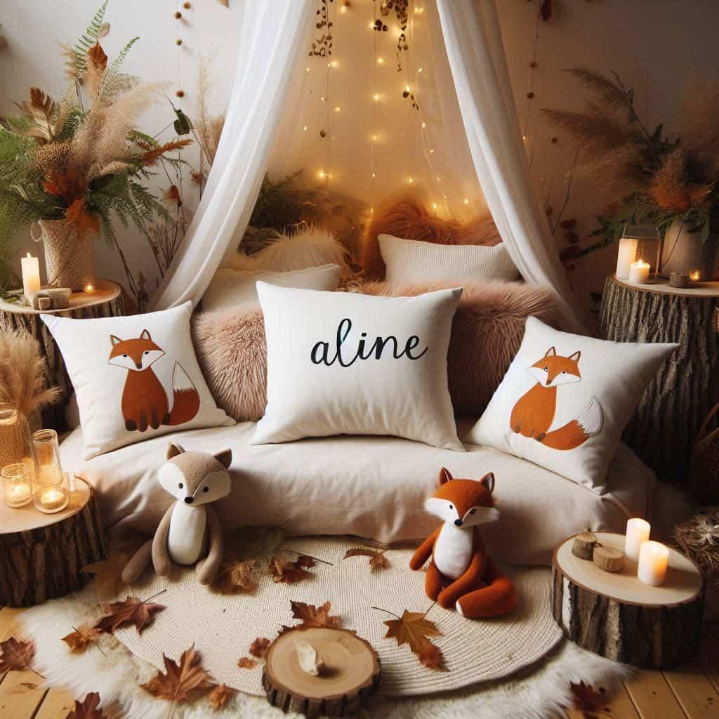 Petit coin douillet pour enfant theme renard automne coin lecture personnalise avec le prenom aline