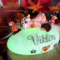 Customizable glowing pebble with the name of a newborn, featuring a forest animal theme, close-up view