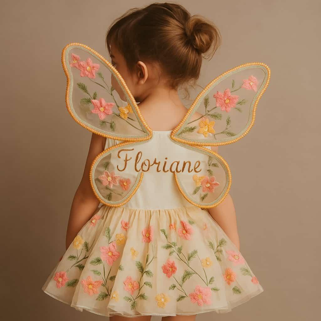 Petite fille déguisée en fée avec ses ailes personnalisées Floriane