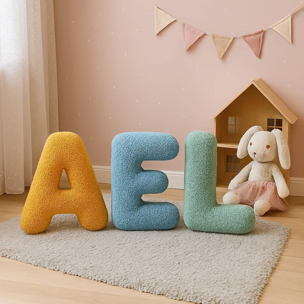 Prénom Aël écrit en coussin lettres en tissu pour décoration de chambre
