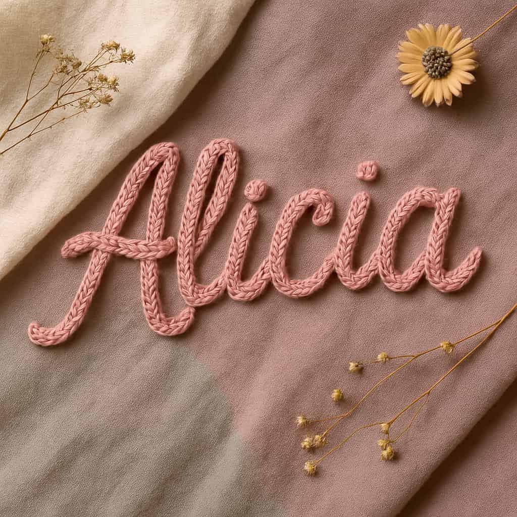 Prénom Alicia réalisé en tricotin couleur rose