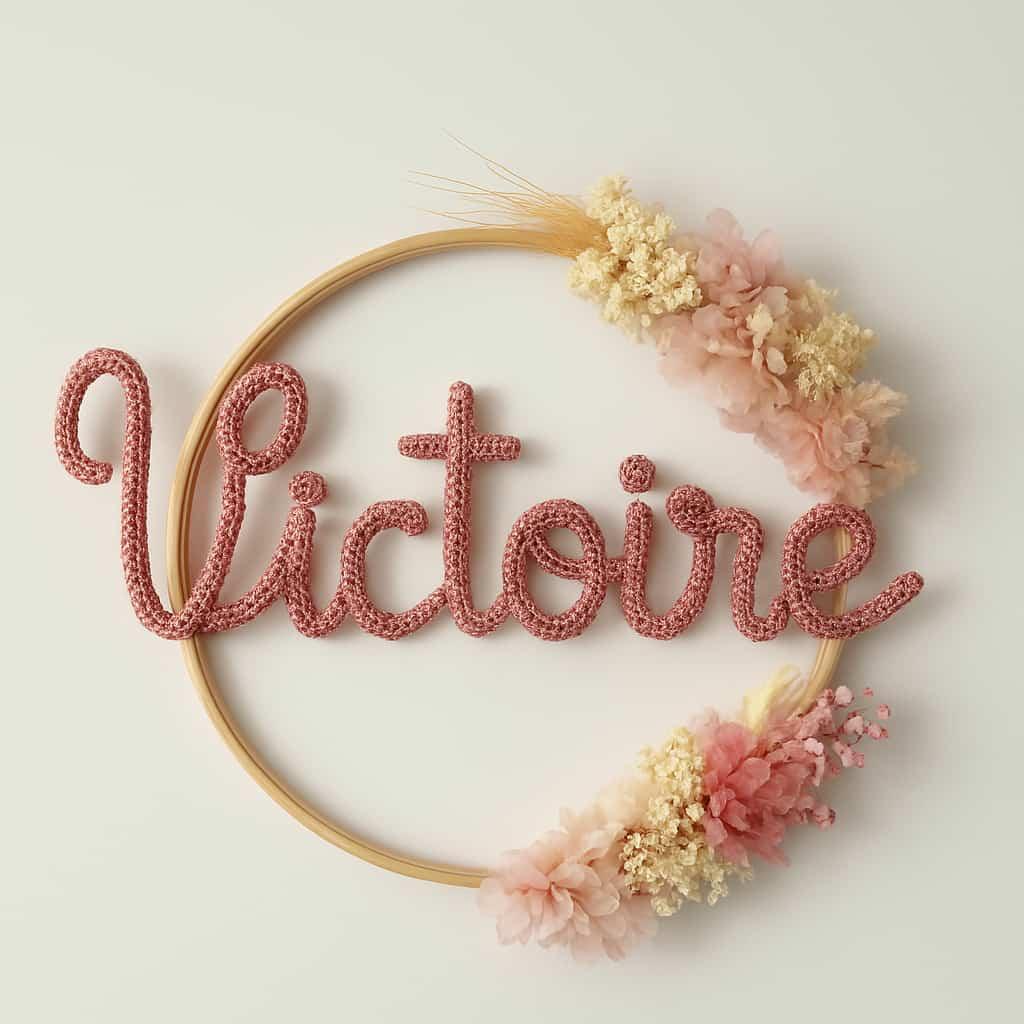Prénom en tricotin couronne de fleurs séchées Victoire