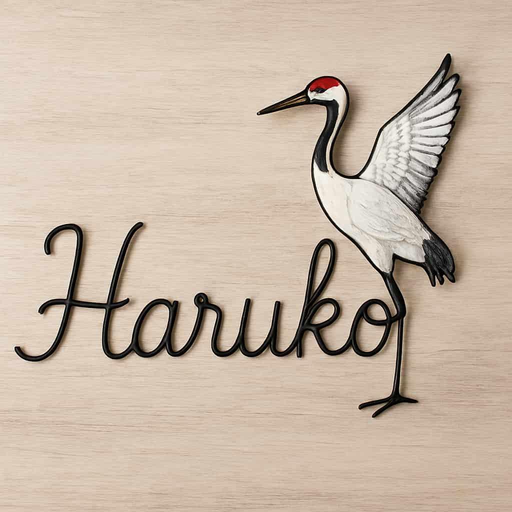 Prénom Haruko réalisé en fil de fer noir avec grue japonaise