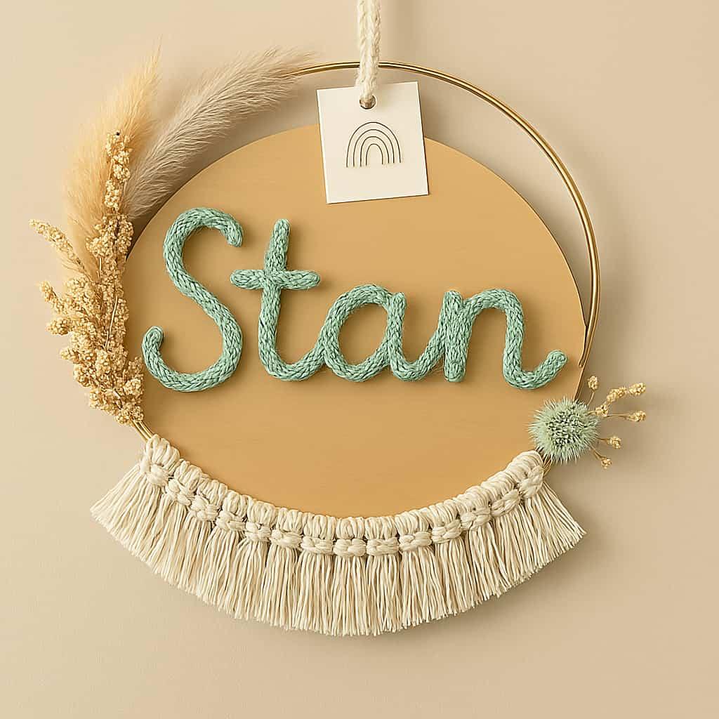 Couronne prénom Stan en tricotin décoration murale chambre enfant