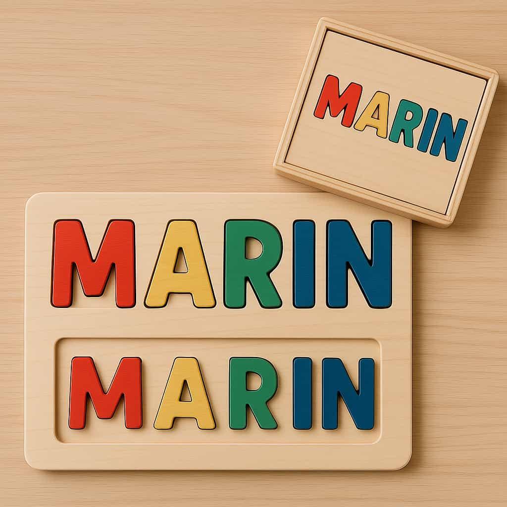Puzzle prenom en bois pour enfant lettres amovibles marin dans une boite carree