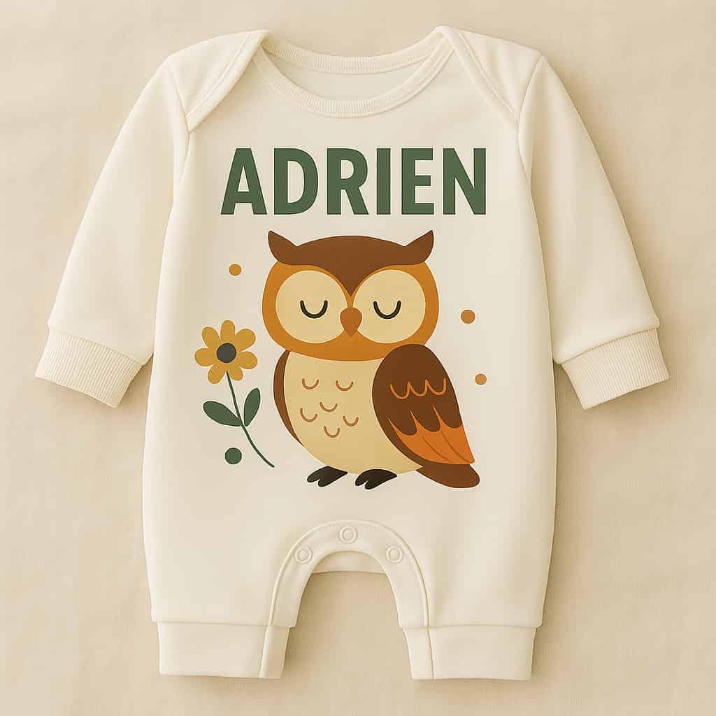 Pyjama pour bebe personnalise avec le prenom adrien theme hibou