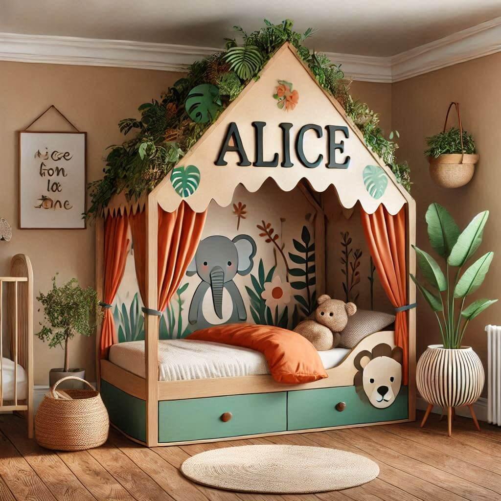 Belle decoration de chambre, theme jungle, enfant, prénom Alice