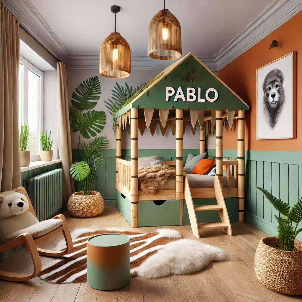 Realistic child bedroom decoration with a jungle theme named pablo with an original cabin bed in orange sand brown and mint green colors