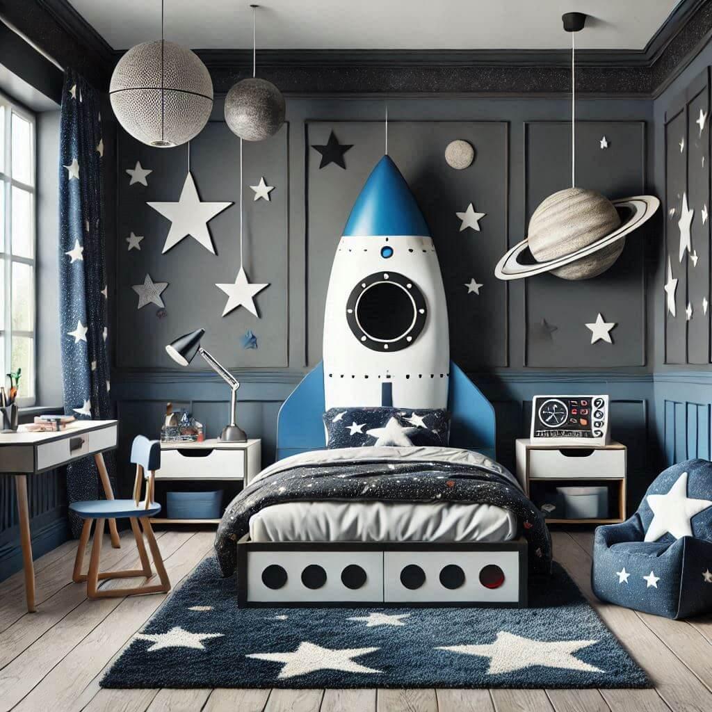 décoration chambre thème espace galaxie planète, lit en forme de fusée