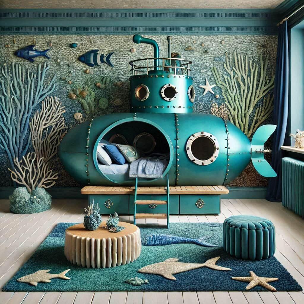 Chambre décoration theme marin pour enfant, avec un lit sous-marin, décoration mer et océan