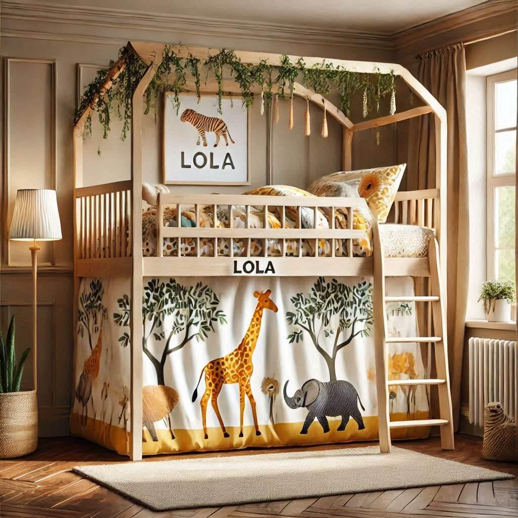 Chambre de bébé décorée sur le thème de la jungle avec lit mezzanine et motif animaux savane