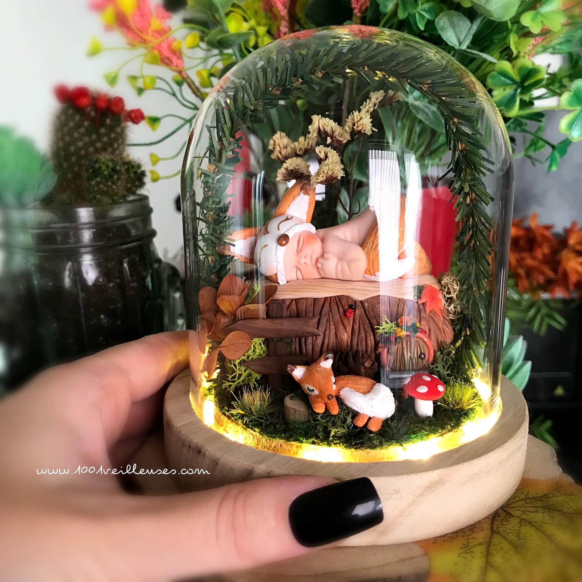 Renard jardin miniature sous dome en verre a personnaliser cadeau bebe naissance fait main