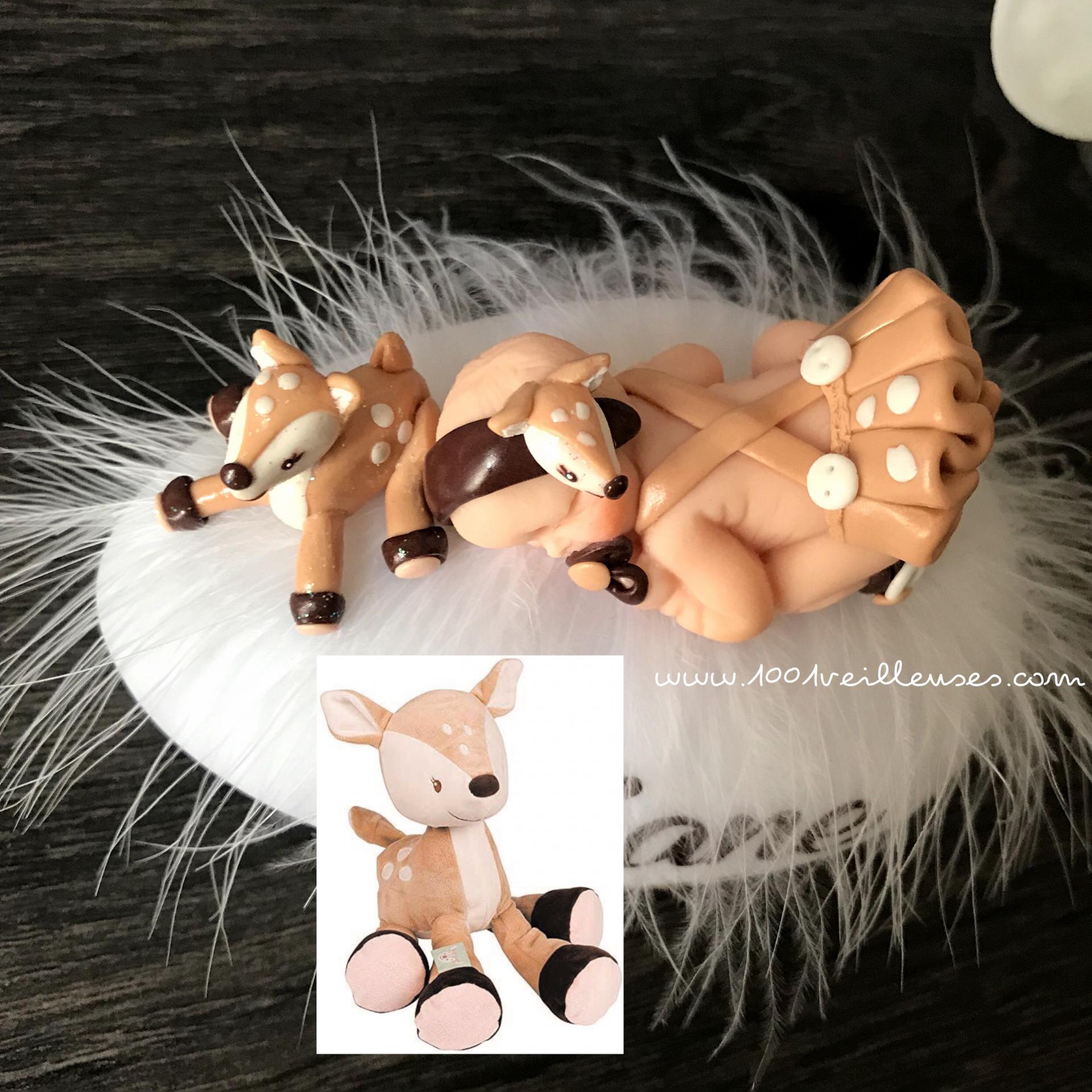 Luz nocturna para niña con su peluche de ciervo, reproducción artesanal, viene con su caja de regalo de nacimiento, un regalo original y útil