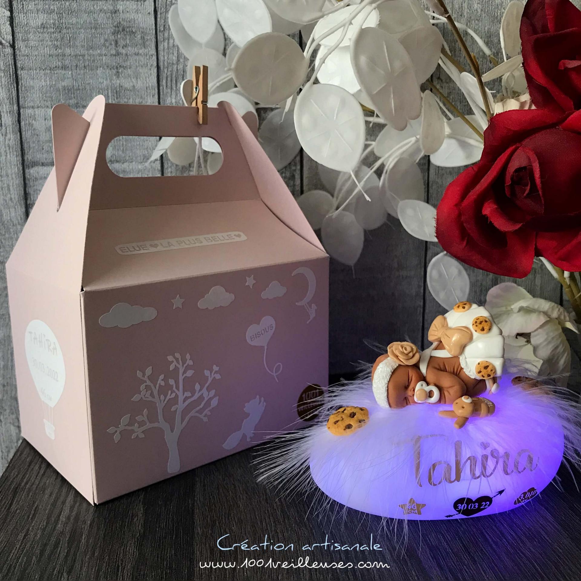 Lovely night light for girls shaped like a luminous pebble with their name, bunny plush, an ideal gift and keepsake for a baby with its birth box