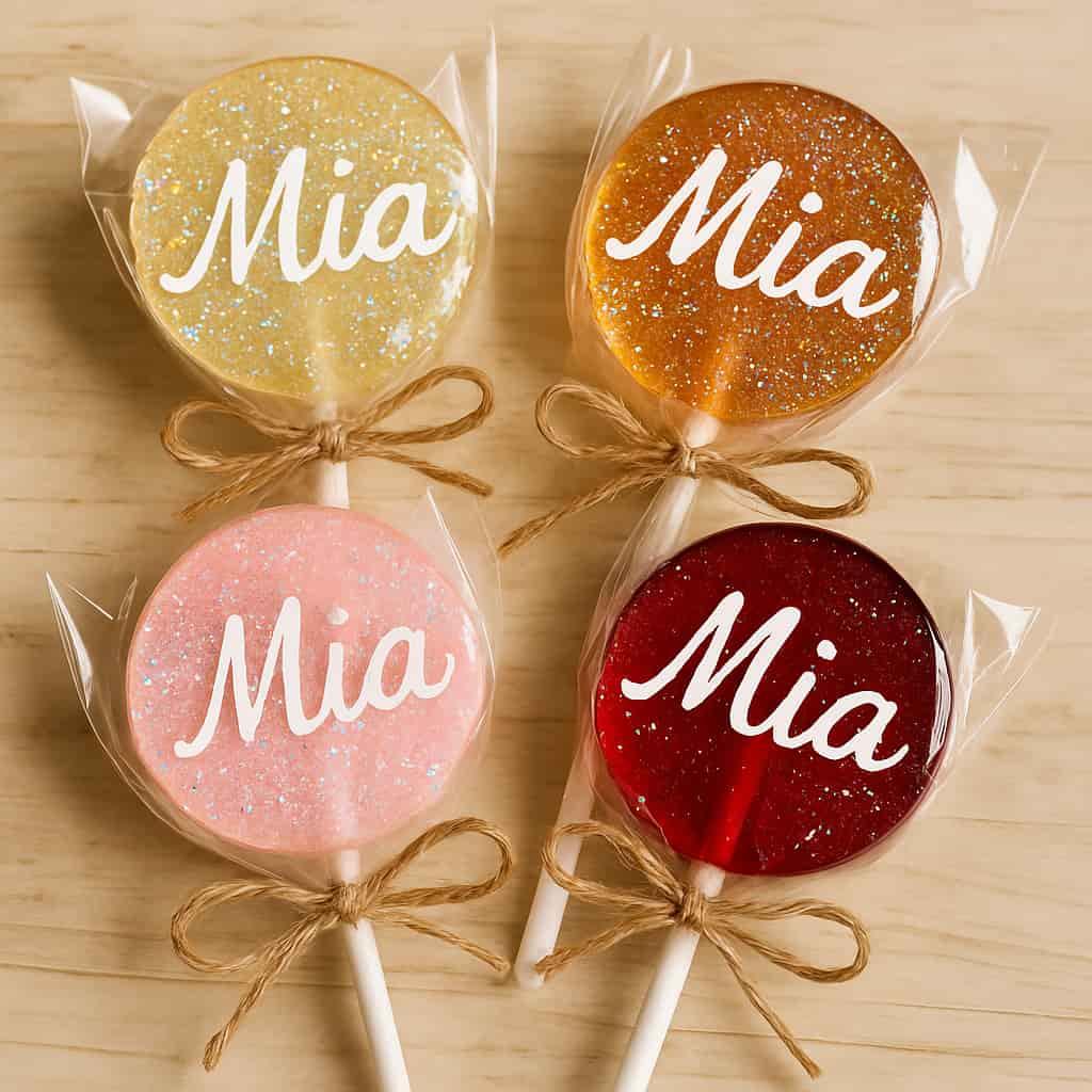 Sucettes personnalisées à manger avec le prénom Mia de toutes les couleurs pailletées