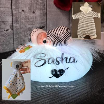 Unique and unusual newborn gift set for baby - Reproduction pajamas and plush toy - Children's night light