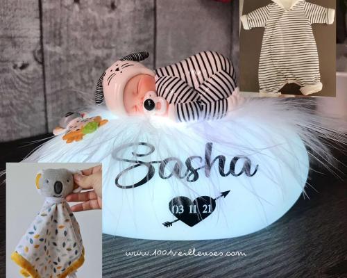Super cadeau de naissance reproduction doudou bébé fimo sur veilleuse personnalisee