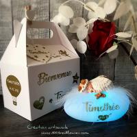 Small angel-themed night light to customize, sold in its personalized white gift box, lamp lit, angled view